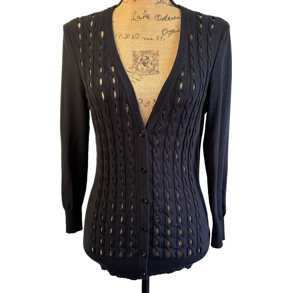 Etcetera Black Openwork Cable Knit Button Cardigan Sweater Size S